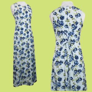 90s Lace Up Back Floral Maxi Blue Roses Small  Vtg